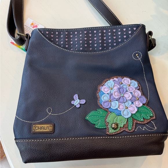 Chala Handbags - Chala Dark Blue Crossbody Bag with Floral Design